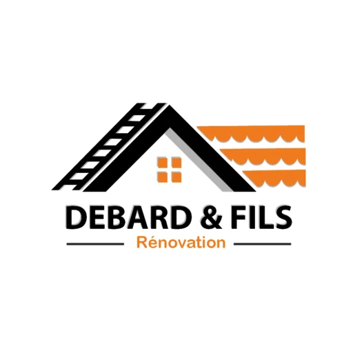 Logo de 'DEBARD & FILS Rénovation' avec illustration de maison et tuiles et un cercle blanc en fond